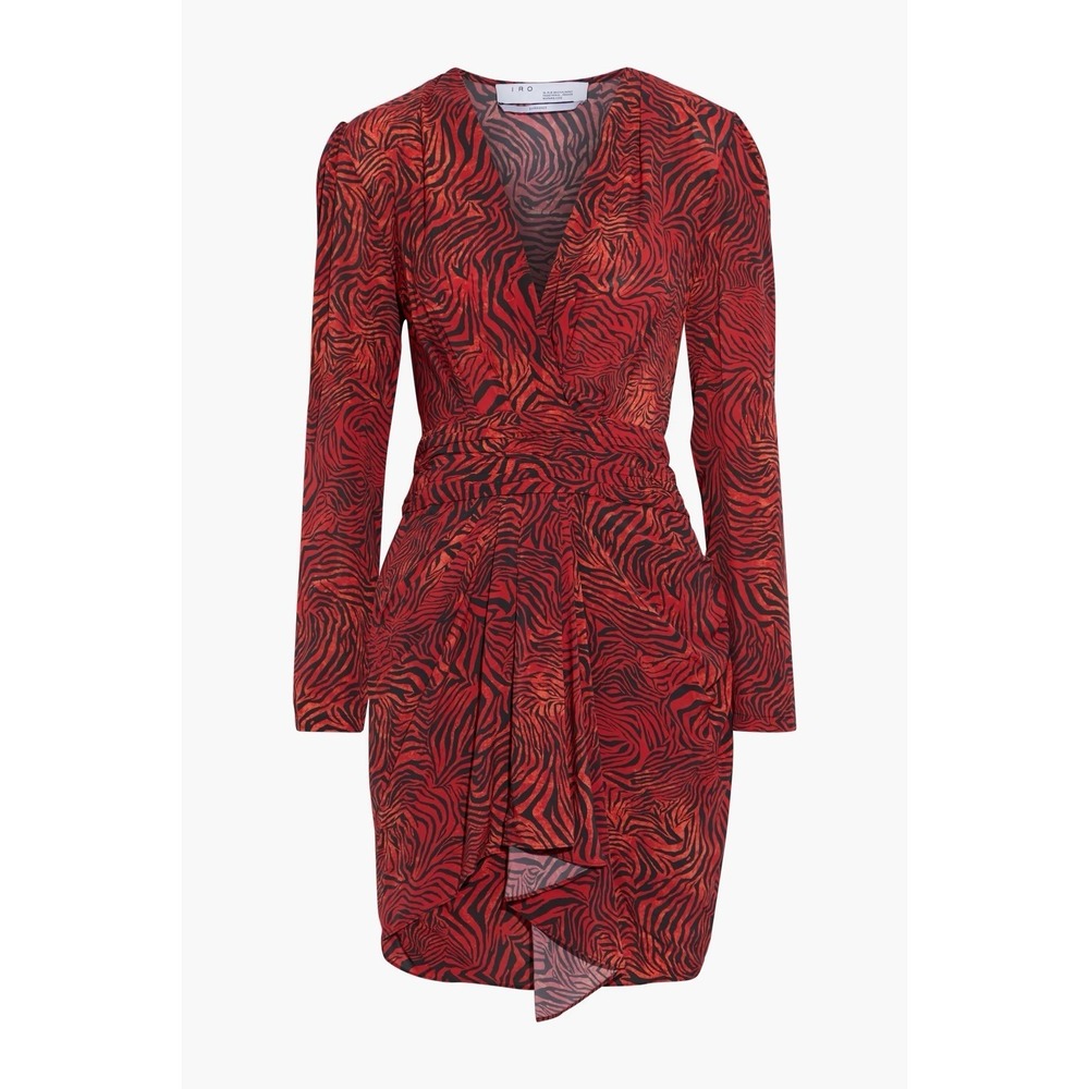 IRO Paris Faux Wrap Mini Dress Size‎ 2 Red Animal Print Maitri Drape Crepe